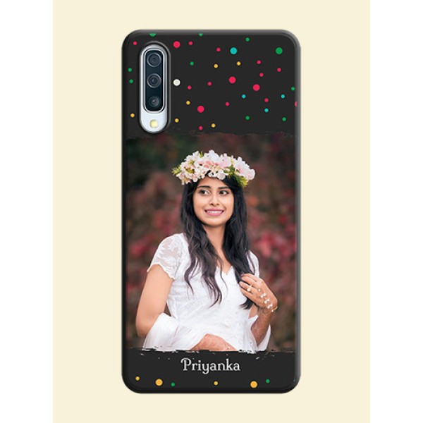 Multicolor Dotted Pattern with Text on Space Black Custom Soft Matte Phone Back Cover - Galaxy A50S Multicolor Dotted Pattern with Text on Space Black Custom Soft Matte Phone Back Cover - Galaxy A50S