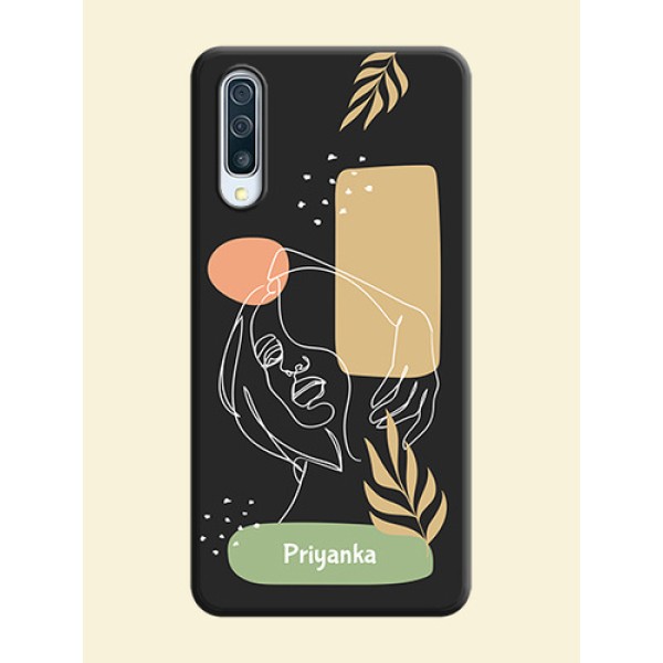 Custom Text With Line Art Of Women & Leaves Design On Space Black Personalized Soft Matte Phone Covers -Samsung Galaxy A50S