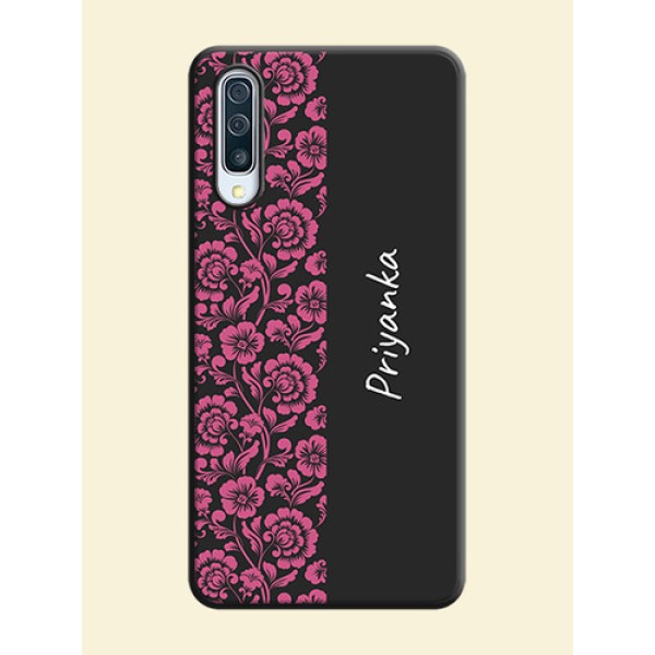 Pink Floral Pattern Design With Custom Text On Space Black Personalized Soft Matte Phone Covers -Samsung Galaxy A50S Pink Floral Pattern Design With Custom Text On Space Black Personalized Soft Matte Phone Covers -Samsung Galaxy A50S