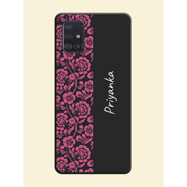 Pink Floral Pattern Design With Custom Text On Space Black Personalized Soft Matte Phone Covers -Samsung Galaxy A51 Pink Floral Pattern Design With Custom Text On Space Black Personalized Soft Matte Phone Covers -Samsung Galaxy A51