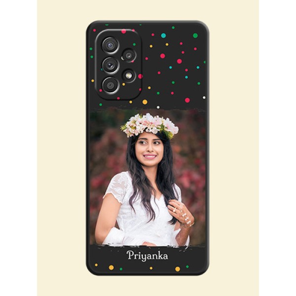 Multicolor Dotted Pattern with Text on Space Black Custom Soft Matte Phone Back Cover - Galaxy A52s 5G Multicolor Dotted Pattern with Text on Space Black Custom Soft Matte Phone Back Cover - Galaxy A52s 5G