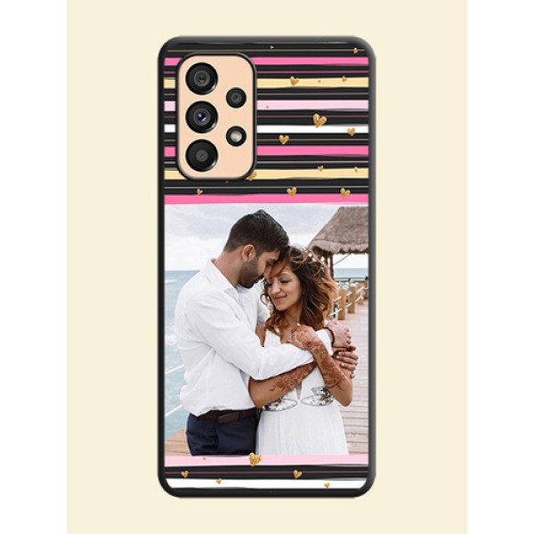 Multicolor Lines and Golden Love Symbols Design on Photo on Space Black Soft Matte Mobile Cover - Galaxy A53 5G Multicolor Lines and Golden Love Symbols Design on Photo on Space Black Soft Matte Mobile Cover - Galaxy A53 5G
