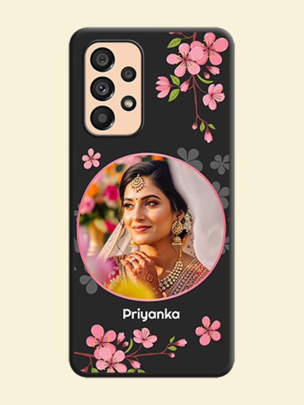 Round Image with Pink Color Floral Design on Photo on Space Black Soft Matte Back Cover - Galaxy A53 5G
