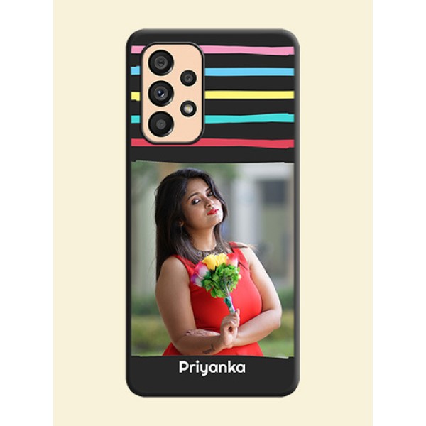 Multicolor Lines with Image on Space Black Personalized Soft Matte Phone Covers - Galaxy A53 5G Multicolor Lines with Image on Space Black Personalized Soft Matte Phone Covers - Galaxy A53 5G