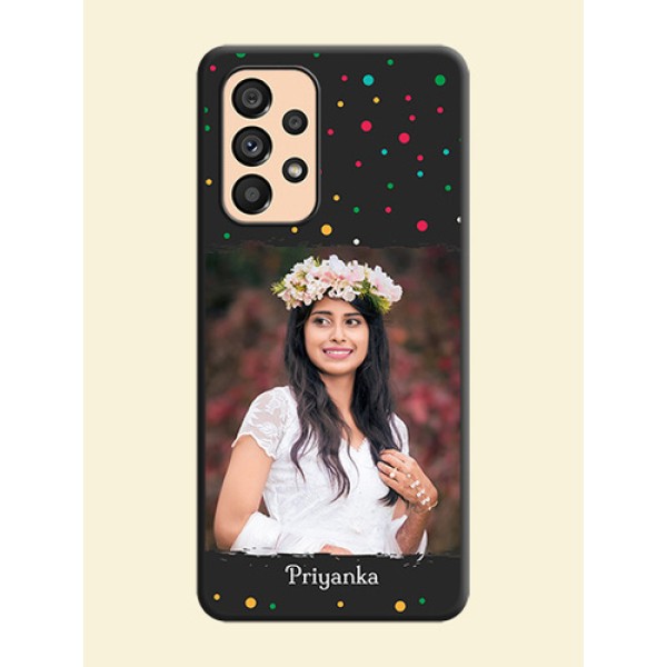 Multicolor Dotted Pattern with Text on Space Black Custom Soft Matte Phone Back Cover - Galaxy A53 5G Multicolor Dotted Pattern with Text on Space Black Custom Soft Matte Phone Back Cover - Galaxy A53 5G