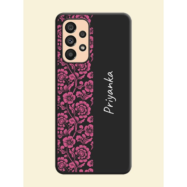 Pink Floral Pattern Design With Custom Text On Space Black Personalized Soft Matte Phone Covers -Samsung Galaxy A53 5G Pink Floral Pattern Design With Custom Text On Space Black Personalized Soft Matte Phone Covers -Samsung Galaxy A53 5G