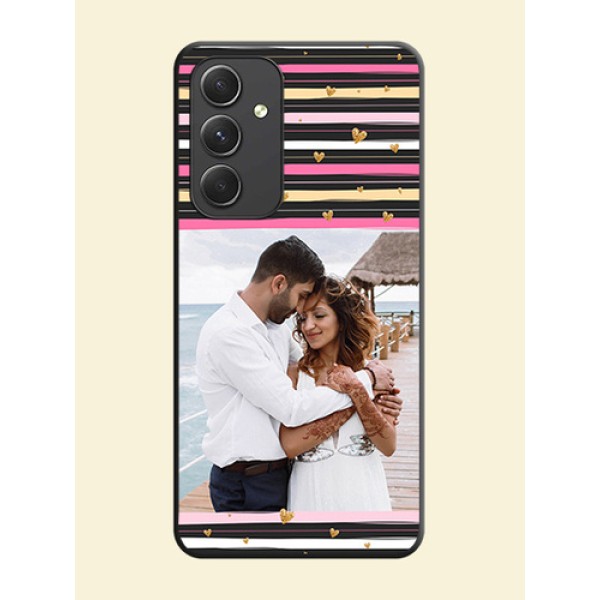 Multicolor Lines and Golden Love Symbols Design on Photo on Space Black Soft Matte Mobile Cover - Galaxy A54 5G Multicolor Lines and Golden Love Symbols Design on Photo on Space Black Soft Matte Mobile Cover - Galaxy A54 5G