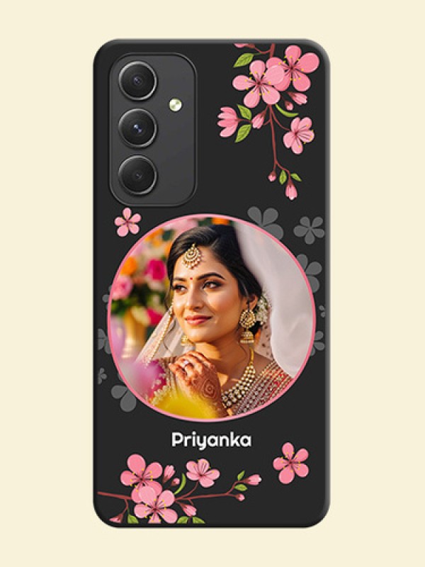 Round Image with Pink Color Floral Design on Photo on Space Black Soft Matte Back Cover - Galaxy A54 5G