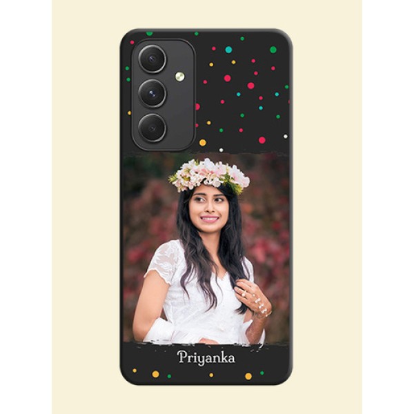 Multicolor Dotted Pattern with Text on Space Black Custom Soft Matte Phone Back Cover - Galaxy A54 5G Multicolor Dotted Pattern with Text on Space Black Custom Soft Matte Phone Back Cover - Galaxy A54 5G