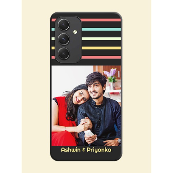 Color Stripes with Photo and Text on Photo on Space Black Soft Matte Mobile Case - Galaxy A54 5G Color Stripes with Photo and Text on Photo on Space Black Soft Matte Mobile Case - Galaxy A54 5G