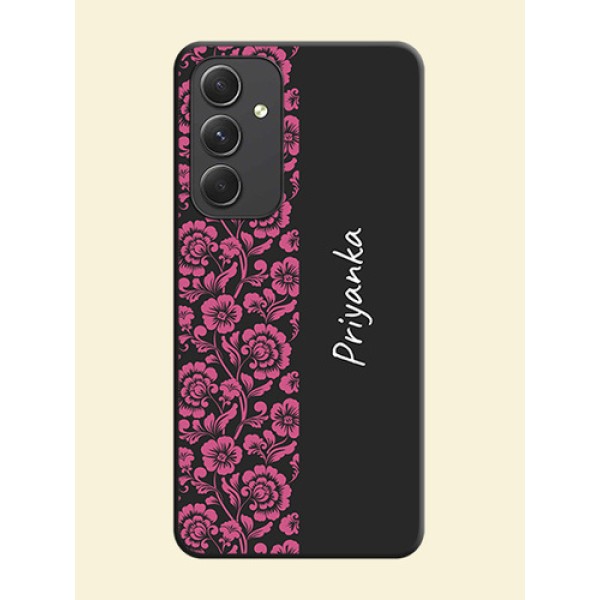 Pink Floral Pattern Design With Custom Text On Space Black Personalized Soft Matte Phone Covers -Samsung Galaxy A54 5G Pink Floral Pattern Design With Custom Text On Space Black Personalized Soft Matte Phone Covers -Samsung Galaxy A54 5G