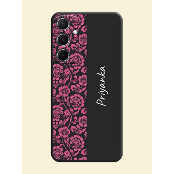 Pink Floral Pattern Design With Custom Text On Space Black Personalized Soft Matte Phone Covers - Galaxy A55 5G Pink Floral Pattern Design With Custom Text On Space Black Personalized Soft Matte Phone Covers - Galaxy A55 5G