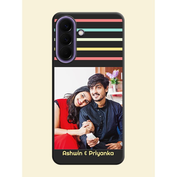 Color Stripes with Photo and Text on Photo On Space Black Custom Soft Matte Mobile Back Cover - Samsung Galaxy A57 5G Color Stripes with Photo and Text on Photo On Space Black Custom Soft Matte Mobile Back Cover - Samsung Galaxy A57 5G