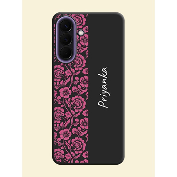 Pink Floral Pattern Design With Custom Text On Space Black Custom Soft Matte Mobile Back Cover - Samsung Galaxy A57 5G Pink Floral Pattern Design With Custom Text On Space Black Custom Soft Matte Mobile Back Cover - Samsung Galaxy A57 5G