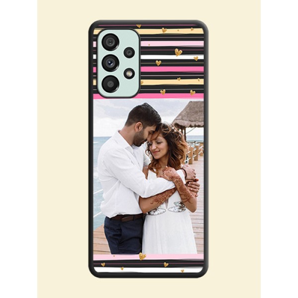 Multicolor Lines and Golden Love Symbols Design on Photo on Space Black Soft Matte Mobile Cover - Galaxy A73 5G Multicolor Lines and Golden Love Symbols Design on Photo on Space Black Soft Matte Mobile Cover - Galaxy A73 5G