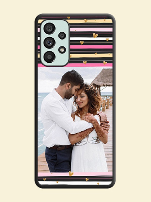 Multicolor Lines and Golden Love Symbols Design on Photo on Space Black Soft Matte Mobile Cover - Galaxy A73 5G