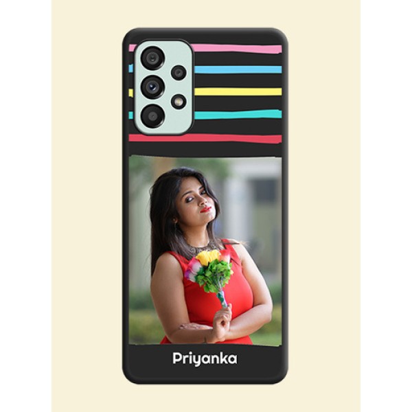 Multicolor Lines with Image on Space Black Personalized Soft Matte Phone Covers - Galaxy A73 5G Multicolor Lines with Image on Space Black Personalized Soft Matte Phone Covers - Galaxy A73 5G