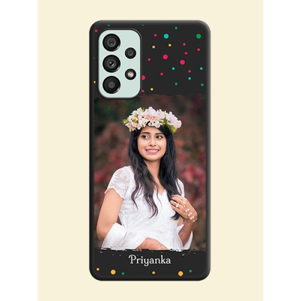 Multicolor Dotted Pattern with Text on Space Black Custom Soft Matte Phone Back Cover - Galaxy A73 5G Multicolor Dotted Pattern with Text on Space Black Custom Soft Matte Phone Back Cover - Galaxy A73 5G