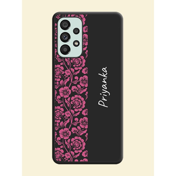 Pink Floral Pattern Design With Custom Text On Space Black Personalized Soft Matte Phone Covers -Samsung Galaxy A73 5G Pink Floral Pattern Design With Custom Text On Space Black Personalized Soft Matte Phone Covers -Samsung Galaxy A73 5G