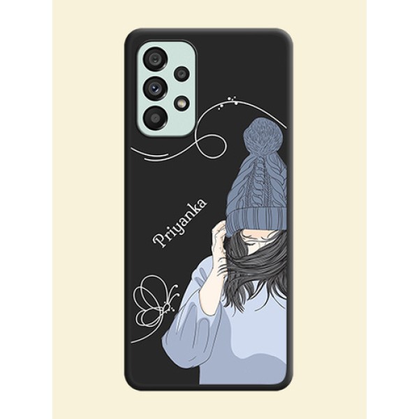 Girl With Blue Winter Outfiit Custom Text Design On Space Black Personalized Soft Matte Phone Covers -Samsung Galaxy A73 5G