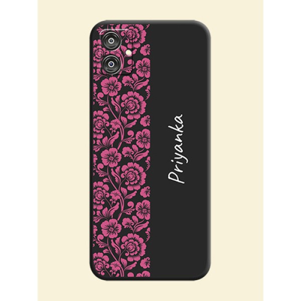 Pink Floral Pattern Design With Custom Text On Space Black Personalized Soft Matte Phone Covers - Galaxy F04 Pink Floral Pattern Design With Custom Text On Space Black Personalized Soft Matte Phone Covers - Galaxy F04