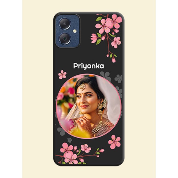 Round Image with Pink Color Floral Design on Photo On Space Black Custom Soft Matte Mobile Back Cover - Galaxy F05 Round Image with Pink Color Floral Design on Photo On Space Black Custom Soft Matte Mobile Back Cover - Galaxy F05