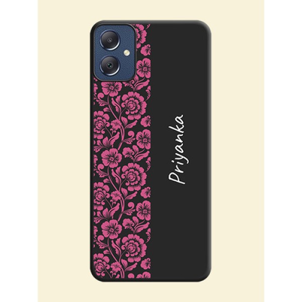 Pink Floral Pattern Design With Custom Text On Space Black Custom Soft Matte Mobile Back Cover - Galaxy F05 Pink Floral Pattern Design With Custom Text On Space Black Custom Soft Matte Mobile Back Cover - Galaxy F05