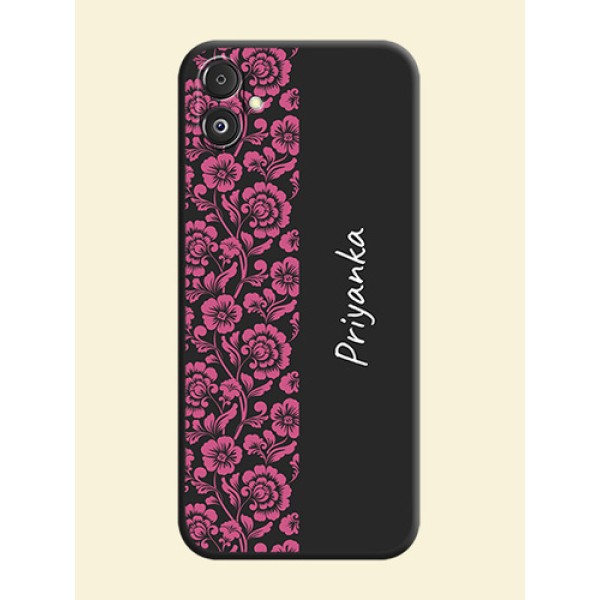 Pink Floral Pattern Design With Custom Text On Space Black Personalized Soft Matte Phone Covers - Galaxy F14 5G Pink Floral Pattern Design With Custom Text On Space Black Personalized Soft Matte Phone Covers - Galaxy F14 5G