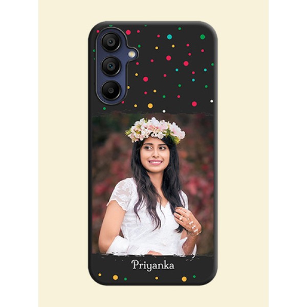 Multicolor Dotted Pattern with Text on Space Black Custom Soft Matte Phone Back Cover - Galaxy F15 5G Multicolor Dotted Pattern with Text on Space Black Custom Soft Matte Phone Back Cover - Galaxy F15 5G