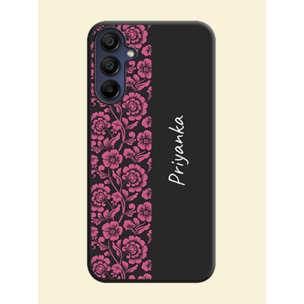 Pink Floral Pattern Design With Custom Text On Space Black Personalized Soft Matte Phone Covers - Galaxy F15 5G Pink Floral Pattern Design With Custom Text On Space Black Personalized Soft Matte Phone Covers - Galaxy F15 5G