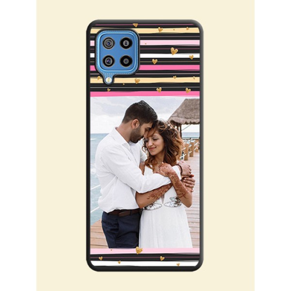 Multicolor Lines and Golden Love Symbols Design on Photo on Space Black Soft Matte Mobile Cover - Galaxy F22 Multicolor Lines and Golden Love Symbols Design on Photo on Space Black Soft Matte Mobile Cover - Galaxy F22