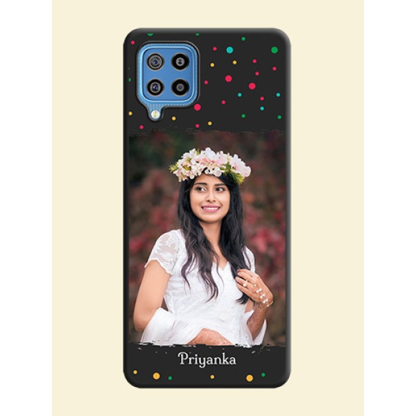 Multicolor Dotted Pattern with Text on Space Black Custom Soft Matte Phone Back Cover - Galaxy F22 Multicolor Dotted Pattern with Text on Space Black Custom Soft Matte Phone Back Cover - Galaxy F22