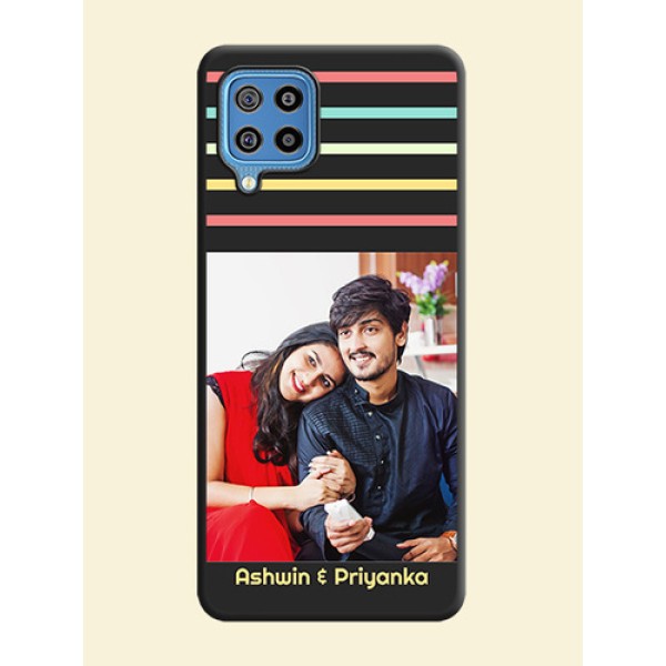 Color Stripes with Photo and Text on Photo on Space Black Soft Matte Mobile Case - Galaxy F22 Color Stripes with Photo and Text on Photo on Space Black Soft Matte Mobile Case - Galaxy F22