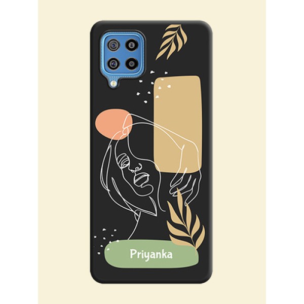 Custom Text With Line Art Of Women & Leaves Design On Space Black Personalized Soft Matte Phone Covers -Samsung Galaxy F22