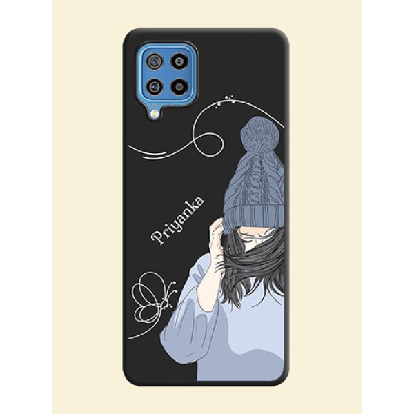 Girl With Blue Winter Outfiit Custom Text Design On Space Black Personalized Soft Matte Phone Covers -Samsung Galaxy F22