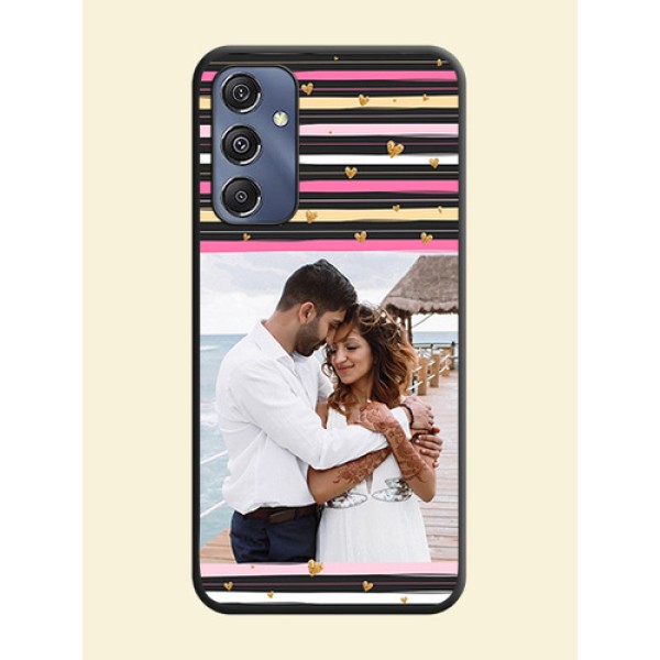 Multicolor Lines and Golden Love Symbols Design - Photo on Space Black Soft Matte Mobile Cover - Galaxy F34 5G Multicolor Lines and Golden Love Symbols Design - Photo on Space Black Soft Matte Mobile Cover - Galaxy F34 5G