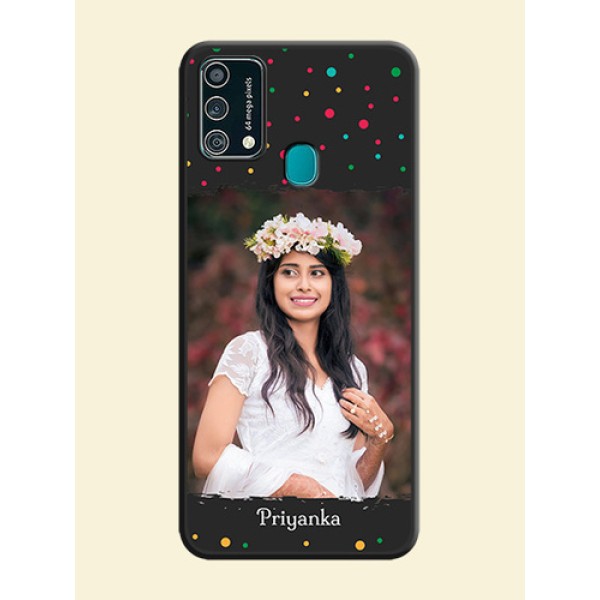 Multicolor Dotted Pattern with Text on Space Black Custom Soft Matte Phone Back Cover - Galaxy F41 Multicolor Dotted Pattern with Text on Space Black Custom Soft Matte Phone Back Cover - Galaxy F41
