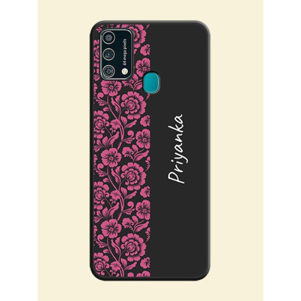 Pink Floral Pattern Design With Custom Text On Space Black Personalized Soft Matte Phone Covers -Samsung Galaxy F41 Pink Floral Pattern Design With Custom Text On Space Black Personalized Soft Matte Phone Covers -Samsung Galaxy F41