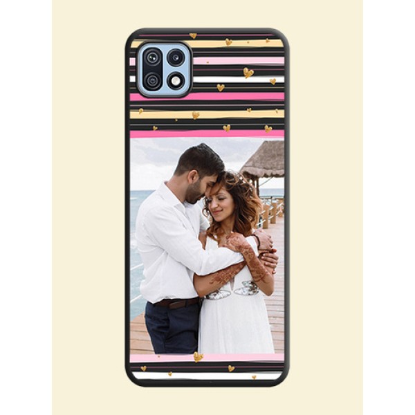 Multicolor Lines and Golden Love Symbols Design on Photo on Space Black Soft Matte Mobile Cover - Galaxy F42 5G Multicolor Lines and Golden Love Symbols Design on Photo on Space Black Soft Matte Mobile Cover - Galaxy F42 5G