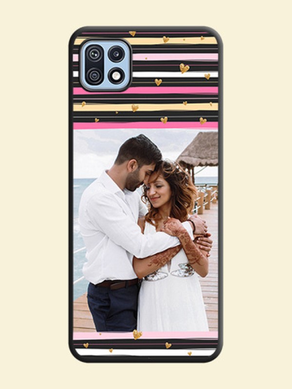 Multicolor Lines and Golden Love Symbols Design on Photo on Space Black Soft Matte Mobile Cover - Galaxy F42 5G