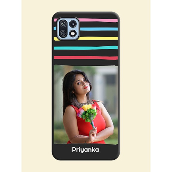 Multicolor Lines with Image on Space Black Personalized Soft Matte Phone Covers - Galaxy F42 5G Multicolor Lines with Image on Space Black Personalized Soft Matte Phone Covers - Galaxy F42 5G