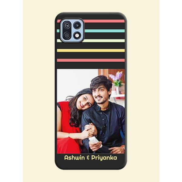Color Stripes with Photo and Text on Photo on Space Black Soft Matte Mobile Case - Galaxy F42 5G Color Stripes with Photo and Text on Photo on Space Black Soft Matte Mobile Case - Galaxy F42 5G