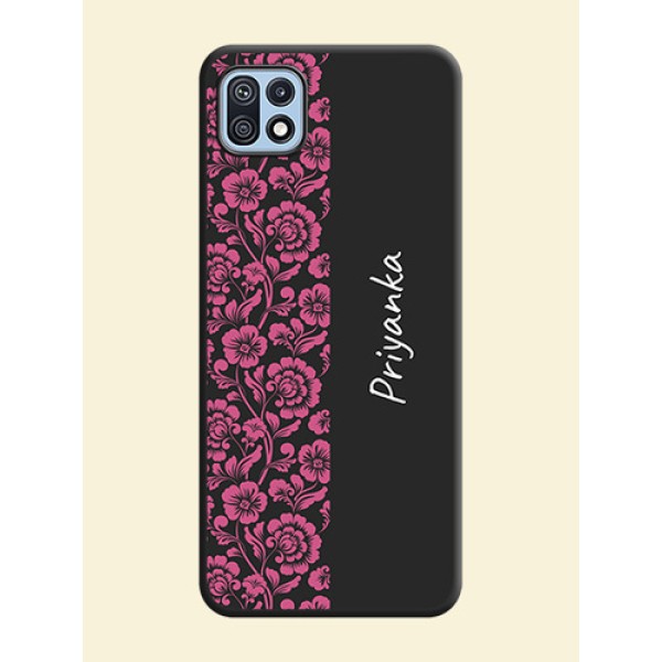 Pink Floral Pattern Design With Custom Text On Space Black Personalized Soft Matte Phone Covers -Samsung Galaxy F42 5G Pink Floral Pattern Design With Custom Text On Space Black Personalized Soft Matte Phone Covers -Samsung Galaxy F42 5G