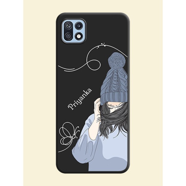Girl With Blue Winter Outfiit Custom Text Design On Space Black Personalized Soft Matte Phone Covers -Samsung Galaxy F42 5G