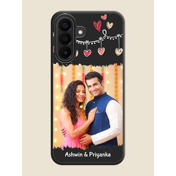 Pink Love Hangings with Name On Space Black Custom Soft Matte Mobile Back Cover - Samsung Galaxy F70 Pro 5G