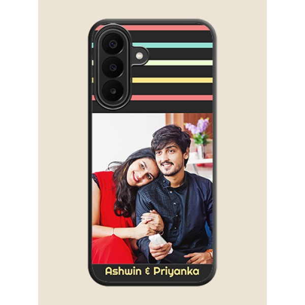 Color Stripes with Photo and Text on Photo On Space Black Custom Soft Matte Mobile Back Cover - Samsung Galaxy F70 Pro 5G Color Stripes with Photo and Text on Photo On Space Black Custom Soft Matte Mobile Back Cover - Samsung Galaxy F70 Pro 5G