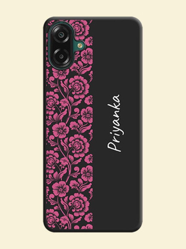 Pink Floral Pattern Design With Custom Text On Space Black Custom Soft Matte Mobile Back Cover - Samsung Galaxy F70e 5G