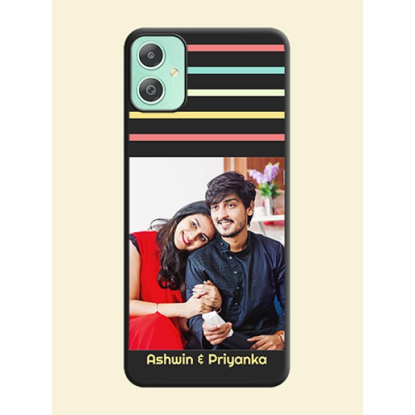 Color Stripes with Photo and Text on Photo On Space Black Custom Soft Matte Mobile Back Cover - Galaxy M05 Color Stripes with Photo and Text on Photo On Space Black Custom Soft Matte Mobile Back Cover - Galaxy M05