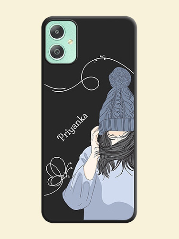 Girl With Blue Winter Outfiit Custom Text Design On Space Black Custom Soft Matte Mobile Back Cover - Galaxy M05