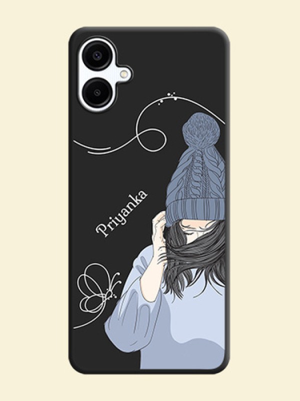 Girl With Blue Winter Outfiit Custom Text Design On Space Black Custom Soft Matte Mobile Back Cover - Galaxy M06